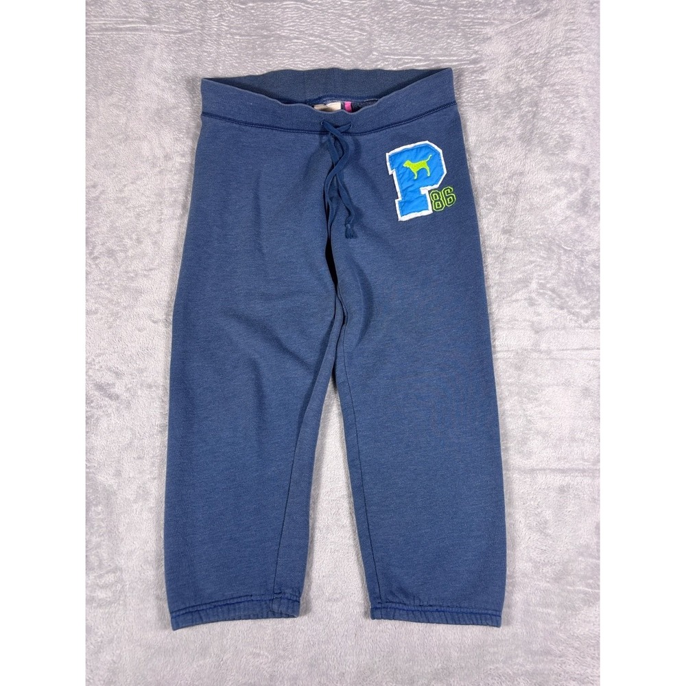 Vtg Pink Victoria's Secret Womens Cropped Sweatpants 2000s M Blue Drawstring